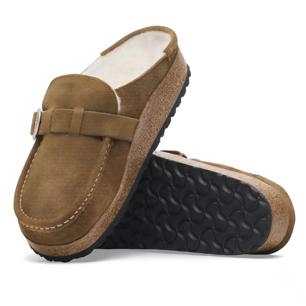 Birkenstock Tan Suede Shearling-Lined Clog Mules with Buckle - Picture 2 of 10